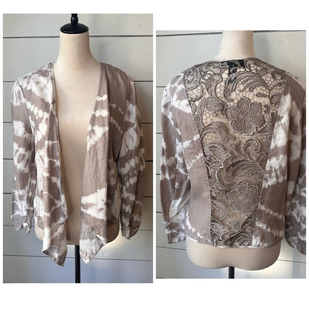 INC Tie Dye Taupe Open Linen Cardigan Crochet Beach Coastal Resort Lightweight L
